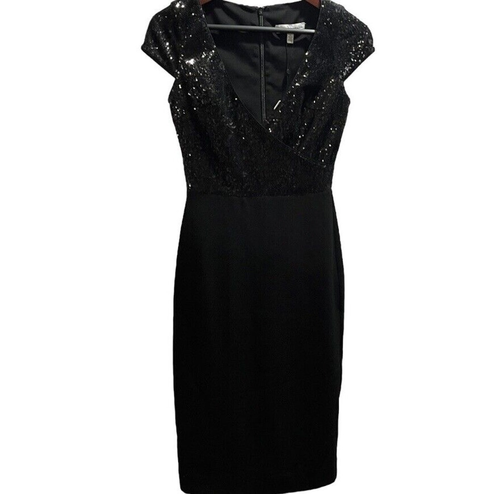Dress the Population Sequin Surplice Cap Sleeve Sheath Jaleah Black Dress XS NEW